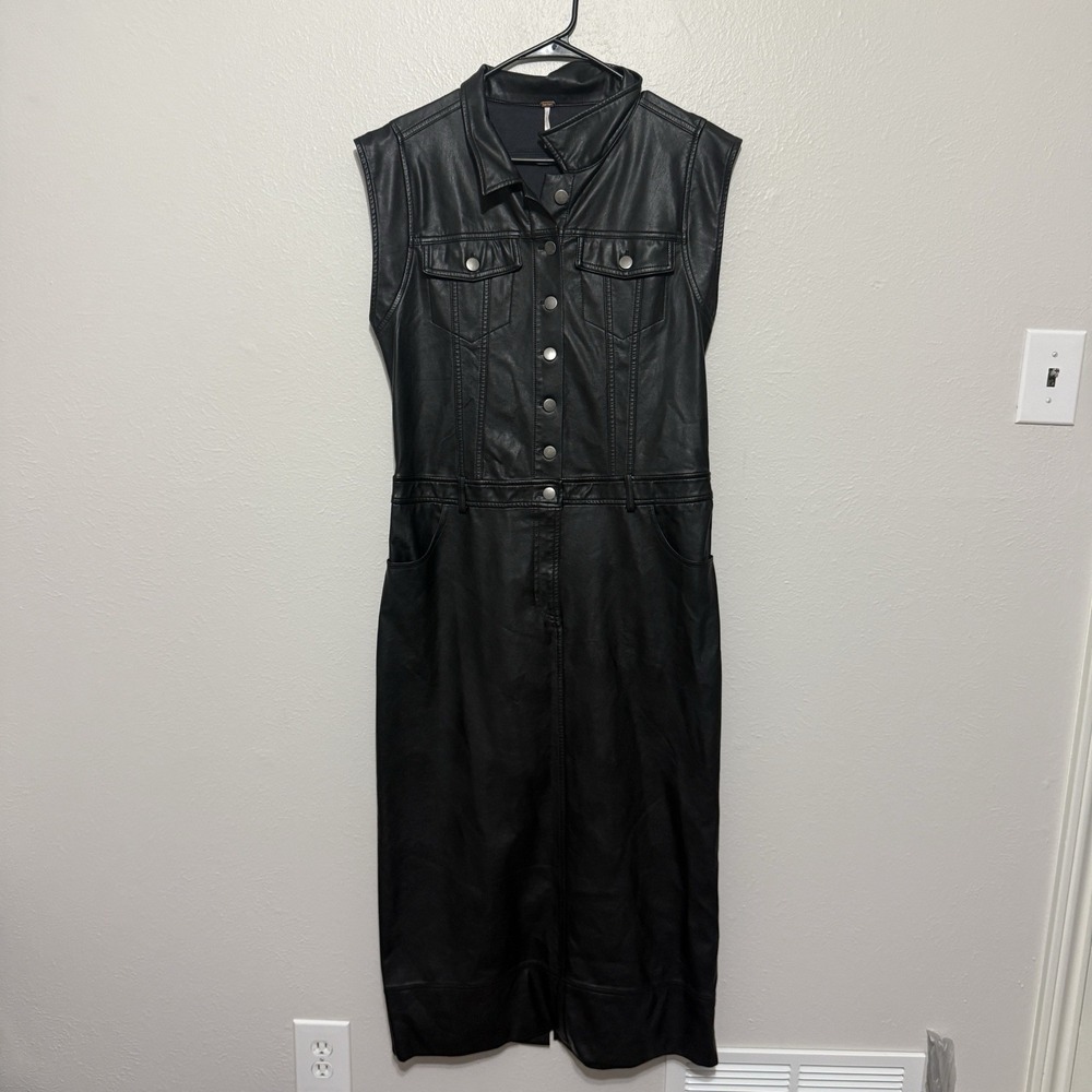 Free People Sleeveless Vegan Leather Midi Dress Medium Moto Edgy Grunge Glam - Picture 6 of 11